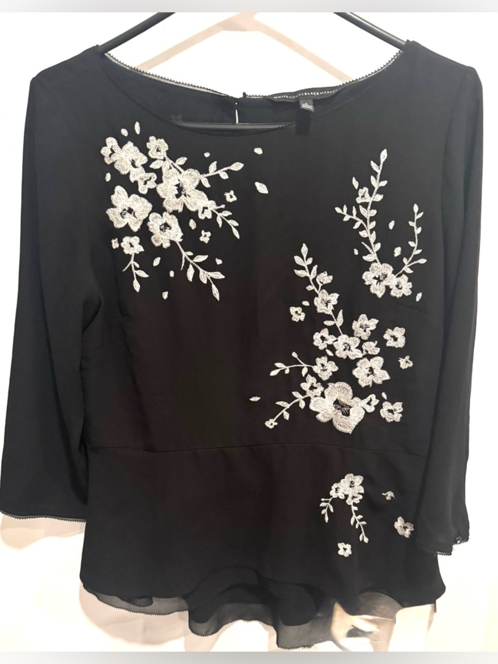 White House Black Market floral embroidery crepe blouse peplum boho party work 6